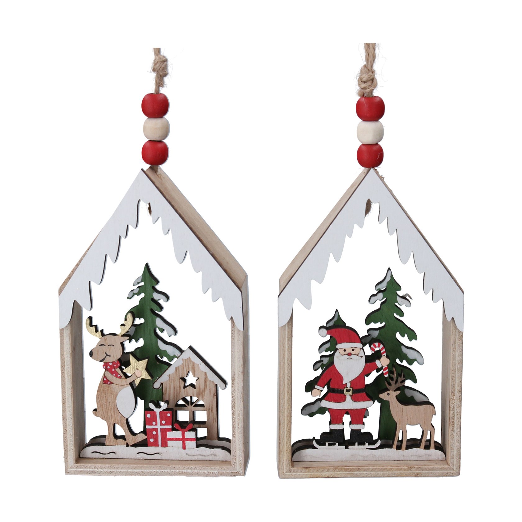 Chrsitmas Painted Deer Santa House by Gisela Graham Wooden painted fretwork deer and santa house hanging Christmas decoration. By Gisela Graham. The perfect festive addition to your home.